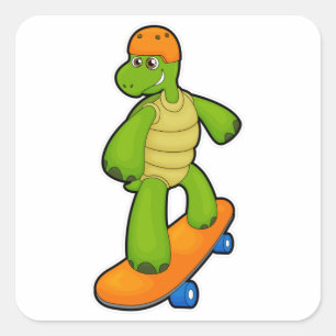 Pegatina Cuadrada Tortuga como Skateboarder con Skateboard y Casco