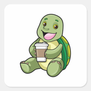 Pegatina Cuadrada Tortuga con caparazón y café a tomar