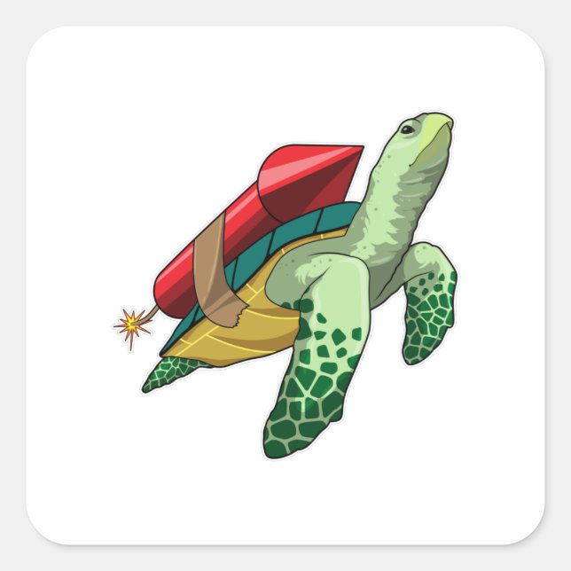 Pegatina Cuadrada Tortuga con cohetes (Anverso)