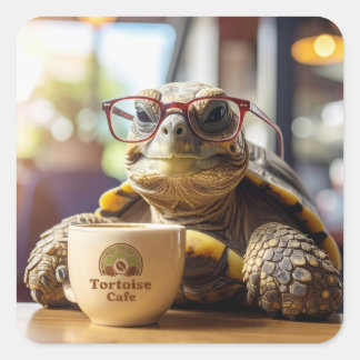 Pegatina Cuadrada Tortuga con Gafas en una Plaza de Café Stickers