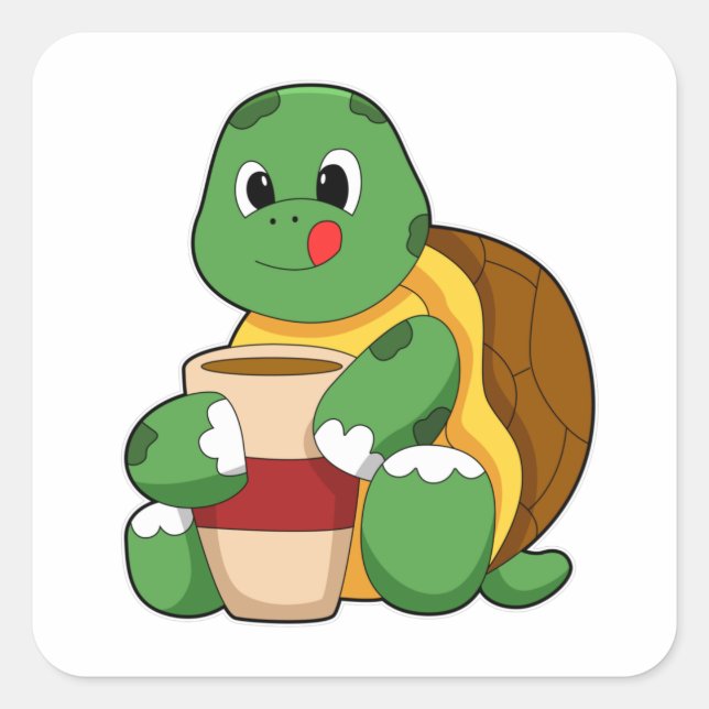 Pegatina Cuadrada Tortuga con taza de café (Anverso)