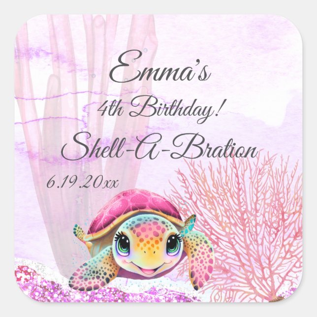Pegatina Cuadrada Tortuga, cuarto cumpleaños, bajo el mar (Anverso)