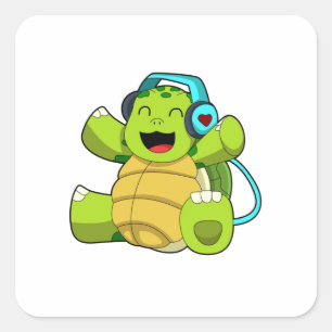 Pegatina Cuadrada Tortuga en la música con auriculares