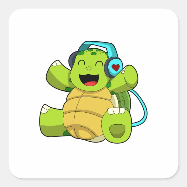 Pegatina Cuadrada Tortuga en la música con auriculares (Anverso)