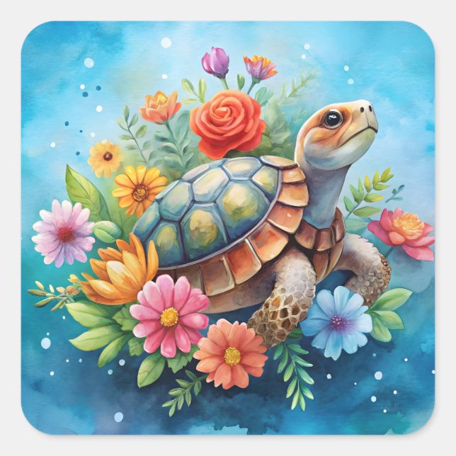 Pegatina Cuadrada Tortuga floral (Anverso)