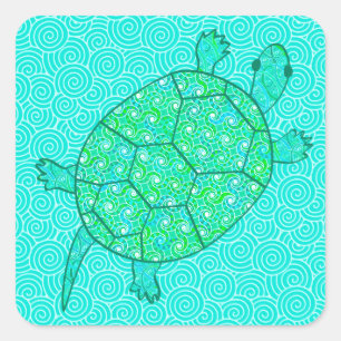 Pegatina Cuadrada Tortuga giratoria árabe - tonos verde marino