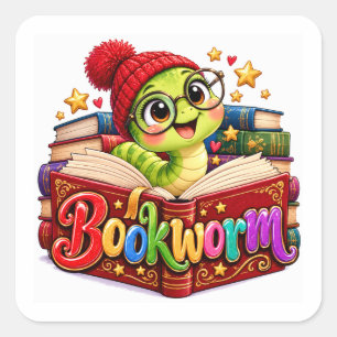 Pegatina Cuadrada Tortuga Gusano de Libro Leyendo Divertido