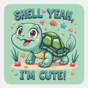 Pegatina Cuadrada Tortuga Kawaii Adorable con Estética Oceánica y Ju