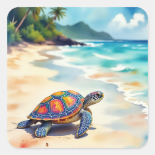 Pegatina Cuadrada Tortuga marina acuarela en una playa