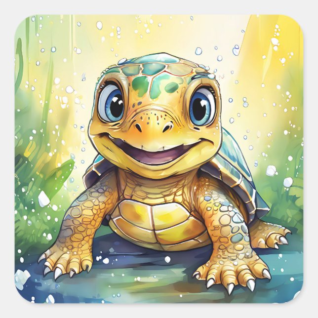 Pegatina Cuadrada Tortuga Marina Adorable (Anverso)