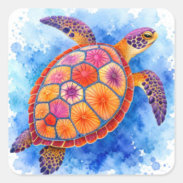 Pegatina Cuadrada Tortuga Marina Colorida Bajo el Agua del Océano