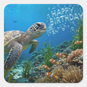 Pegatina Cuadrada Tortuga marina con burbujas de cumpleaños