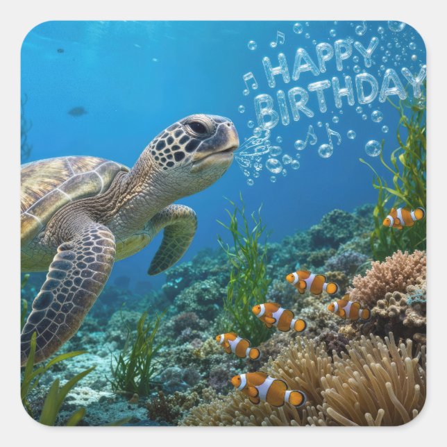 Pegatina Cuadrada Tortuga marina con burbujas de cumpleaños (Anverso)