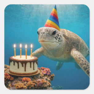 Pegatina Cuadrada Tortuga marina con pastel de cumpleaños