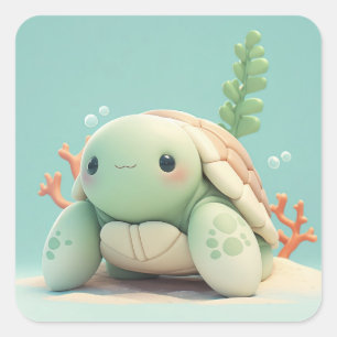 Pegatina Cuadrada Tortuga Marina de Arcilla Feliz Adorable