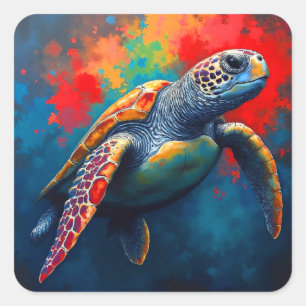 Pegatina Cuadrada Tortuga marina en mar profundo