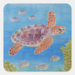 Pegatina Cuadrada Tortuga marina joven de cabeza grande