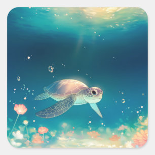 Pegatina Cuadrada Tortuga marina nadando bajo el agua brillante