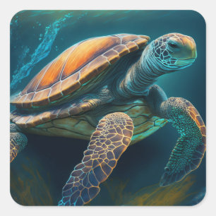 Pegatina Cuadrada Tortuga marina nadando en el océano