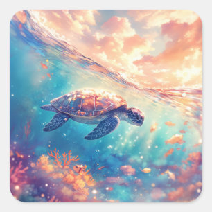 Pegatina Cuadrada Tortuga marina nadando en océano tropical