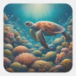Pegatina Cuadrada Tortuga marina y coral