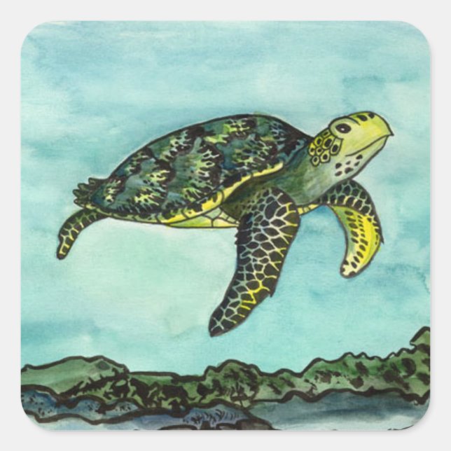 Pegatina Cuadrada Tortuga verde nadadora (Anverso)