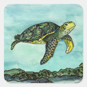 Pegatina Cuadrada Tortuga verde que nada