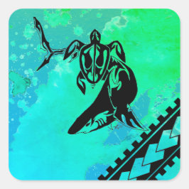 Pegatina Cuadrada Tortuga y tiburón de inspiración polinesia