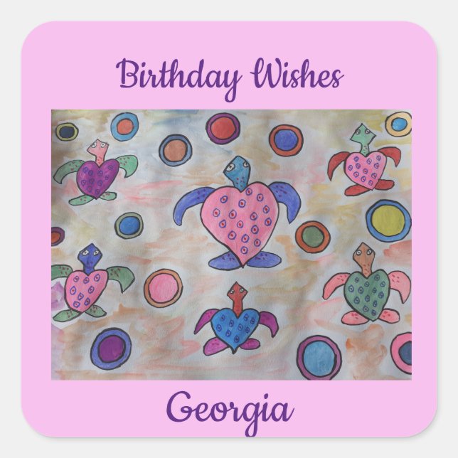 Pegatina Cuadrada Tortugas y círculos Cumpleaños (Anverso)