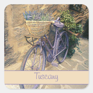 Pegatina Cuadrada Toscana. Italia. Cortona. Bicicleta.