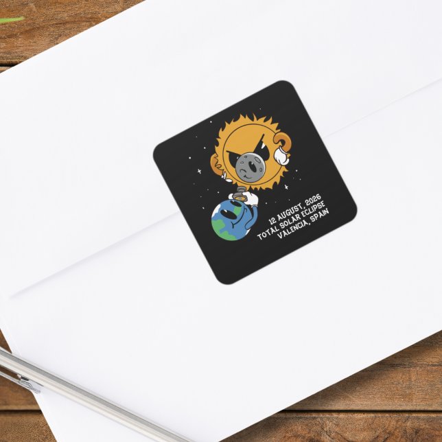 Pegatina Cuadrada Total Solar Eclipse 2026 Spain Photobomb (Change city, or other text, to personalize.  Matching items available)