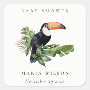 Pegatina Cuadrada Toucan de Selva Tropical Baby Shower