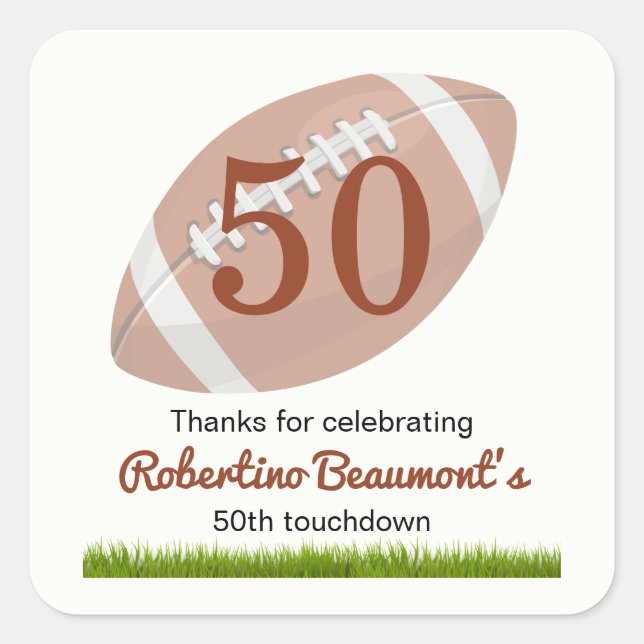 Pegatina Cuadrada Touchdown Fifty Funny Football 50 cumpleaños (Anverso)