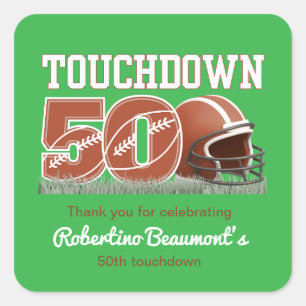 Pegatina Cuadrada Touchdown Fifty Funny Football 50 cumpleaños
