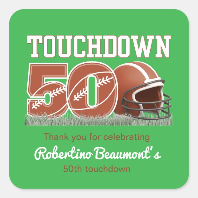 Pegatina Cuadrada Touchdown Fifty Funny Football 50 cumpleaños (Anverso)