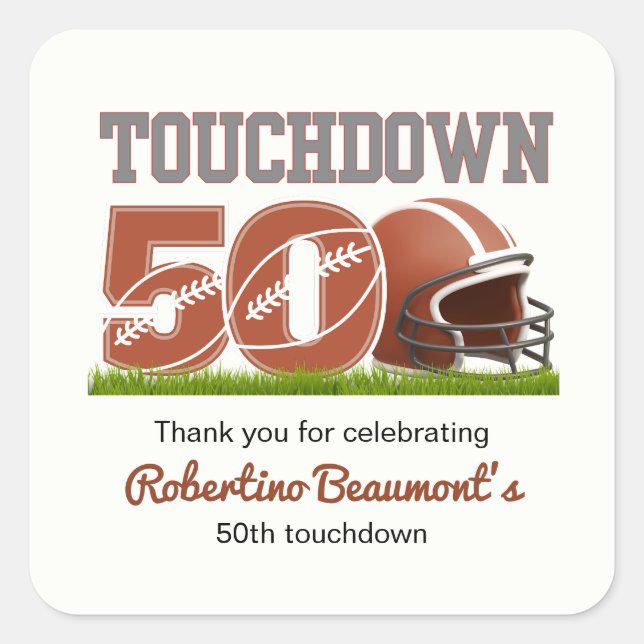 Pegatina Cuadrada Touchdown Fifty Funny Football 50 cumpleaños (Anverso)
