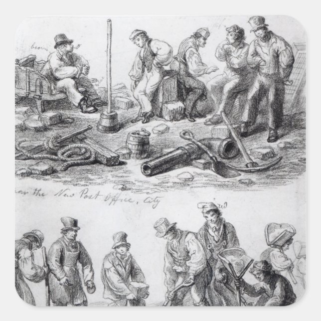 Pegatina Cuadrada Trabajadores cerca de la nueva oficina de correos  (Anverso)