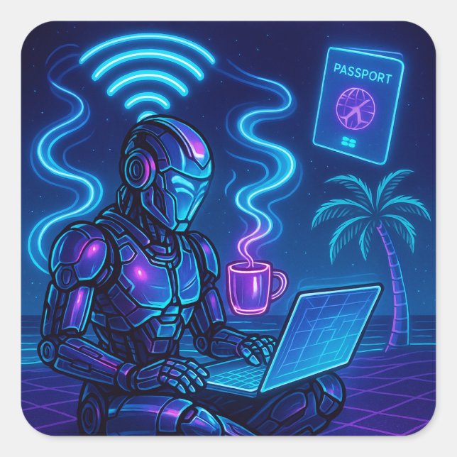 Pegatina Cuadrada Trabajar duro WiFi más duro Ciberpunk Robot Decal (Anverso)