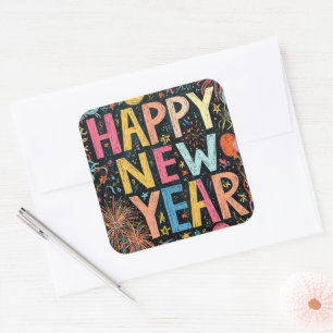 Pegatina Cuadrada Trabajo de tiza Feliz Año Nuevo Festivo