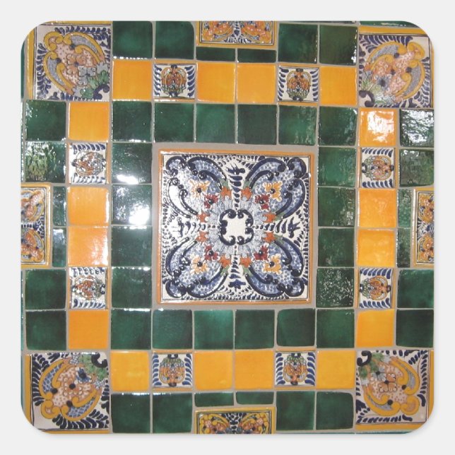 Pegatina Cuadrada Trabajo en mosaico estilo Talavera verde mexicana (Anverso)