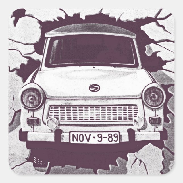 Pegatina Cuadrada Trabant Car , Black & White, Berlin Wall (1) (Anverso)