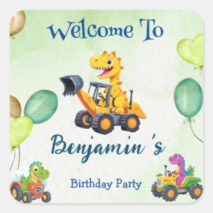 Pegatina Cuadrada Tractor de dinosaurio lindo cavar globo de camión 