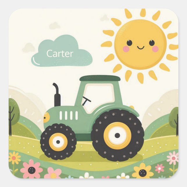 Pegatina Cuadrada Tractor/granja personalizado (Anverso)