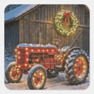 Pegatina Cuadrada Tractor rojo de granja de Navidad con corona lumin