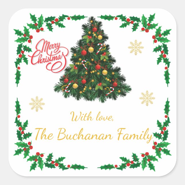 Pegatina Cuadrada Traditional Christmas Holly Border Personalised (Anverso)
