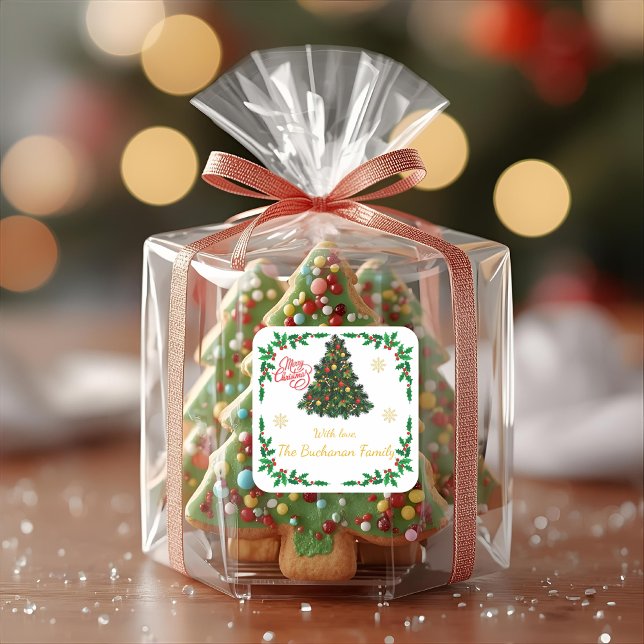 Pegatina Cuadrada Traditional Christmas Holly Border Personalised (Personalise Family Christmas Sticker)