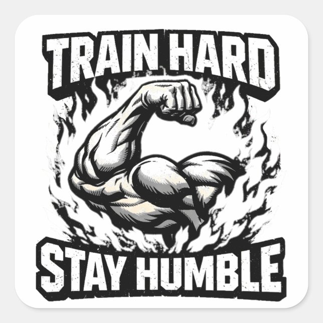 Pegatina Cuadrada Train Hard Stay Humble – Gym Mindset Balance (Anverso)