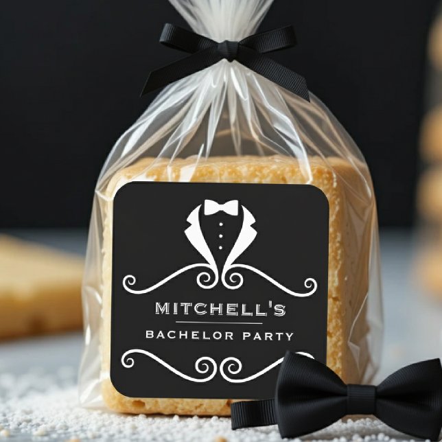 Pegatina Cuadrada Traje de chaqué de soltero Pajarita Negro & Rojo (Subido por el creador)