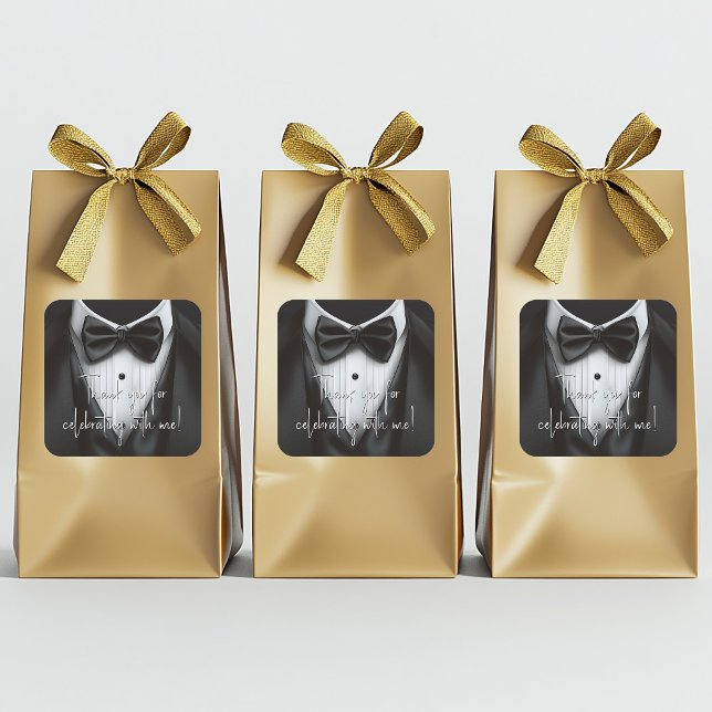 Pegatina Cuadrada Traje de hombre Esmoquin negro y blanco Fiesta de  (Tuxedo stickers with classy black tuxedo. Add your text, logo, photo, etc., to personalize.)