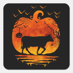 PEGATINA CUADRADA TRAJE DE VAQUILLA DE HALLOWEEN CALABAZA TEMPORADA